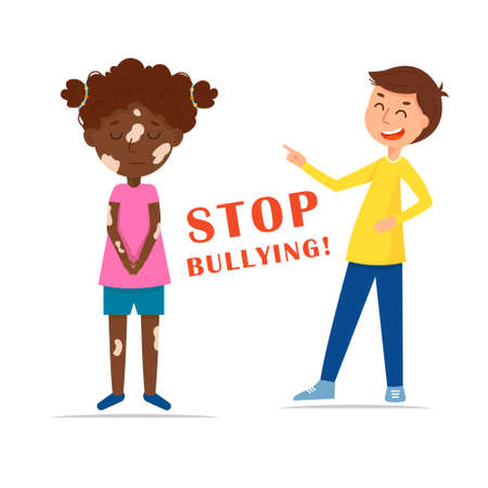 Bad boy laughing at the girl with vitiligo. Stop bullying. Vector illustrationのイラスト素材