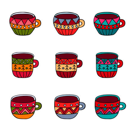 Hand drawn sketchy tea and coffee cups. Cozy christmas set of cups. Vector illustrationのイラスト素材