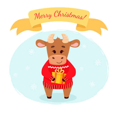 Bull holding a gift box. Bull zodiac symbol of the year 2021. Year of the ox. gestures and smiling. Vector illustration in cartoon style.のイラスト素材