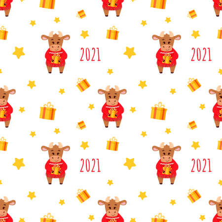 Seamless christmas pattern with bull, stars and gifts. New year 2021, vector illustrationのイラスト素材