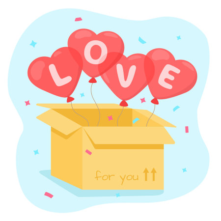 Balloons with the inscription love fly out of the box. Surprise on Valentines day. Vector illustrationのイラスト素材