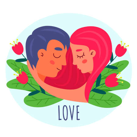 A man and a woman love each other. Gentle hugs. Illustration for postcard. Vector illustrationのイラスト素材
