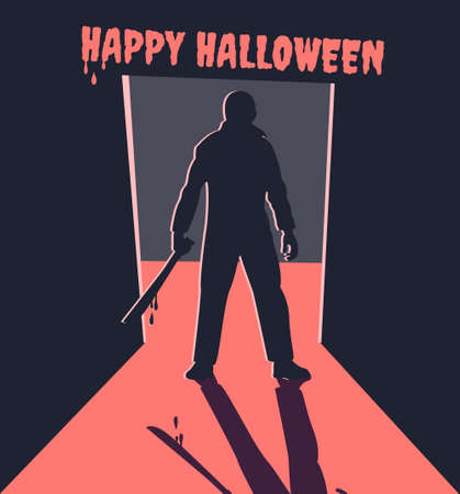 Scary silhouette in the doorway. Killer with machete. Happy halloweenのイラスト素材