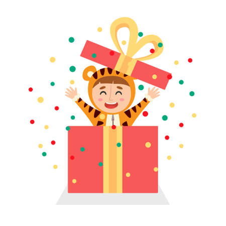 Little boy in a tiger costume jumps out of a gift boxのイラスト素材