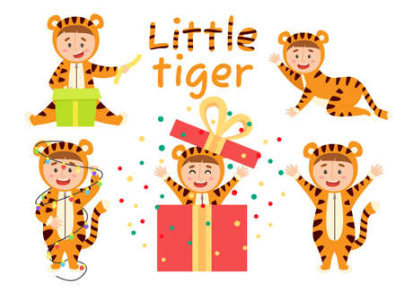 Little boy in a tiger costume, vector setのイラスト素材