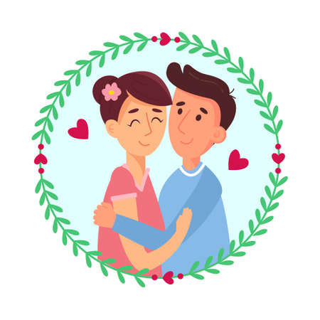 Happy loving couple illustration. Young people in love portrait. Good for Valentine day card design.のイラスト素材