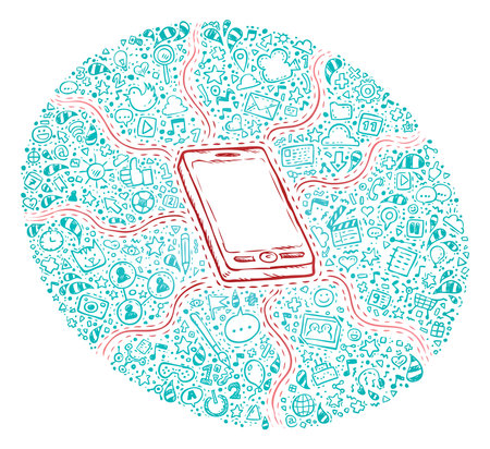 Hand drawn illustration of mobile phone and social media icons. Phone and social media icons are layered separately. You can change colors easily.のイラスト素材
