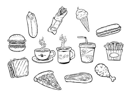 Delicious fast foods. Hand drawing black and white set that contains delious food illustrations. All food illustration are grouped separately.のイラスト素材