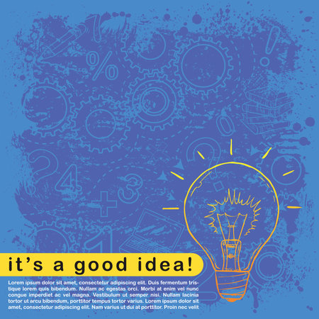 It's a good idea. Hand drawn illustration of a lighting bulb on grunge background. Bulb, texts, arrows, numbers - other elements, gears and grunge elements are layered separately.のイラスト素材