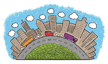 Hand drawn line art illustration with modern city theme. Editable for changing colors.のイラスト素材