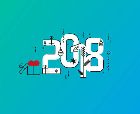 Flat line design New Year's vector illustration for greeting card and banner with 2018 text on blue...