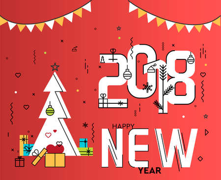 New Year flat line design concept for greeting card, web banner, marketing material.のイラスト素材