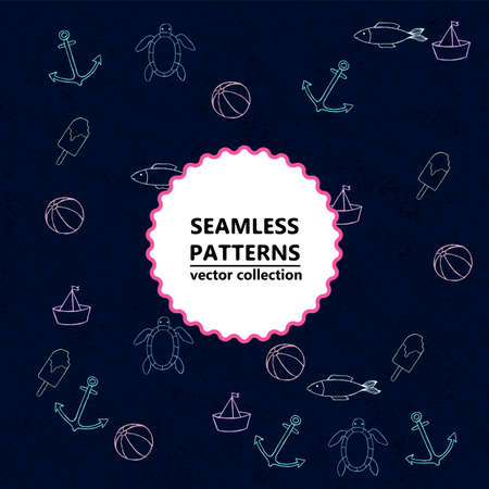 Sea set. Collection of cute marine symbols. Marine theme design. Suitable for anniversary, birthday, party invitations, T-shirt, cards.Hand drawn vector illustration.のイラスト素材