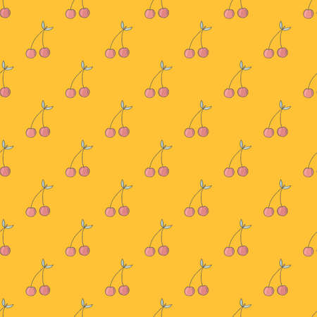 Seamless pattern cute cherry  on a yellow background. Vintage vector illustrationのイラスト素材