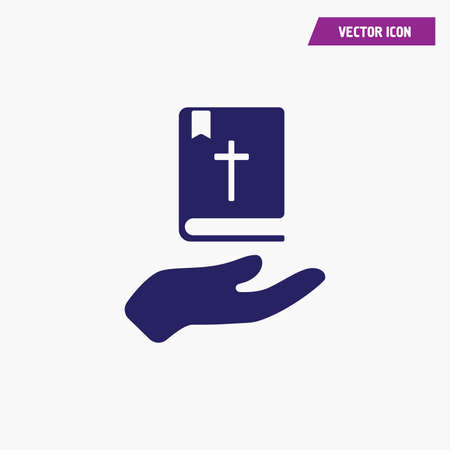 blue religious bible book in hand icon, with label and cross, vector white fontのイラスト素材
