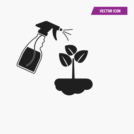 Watering can sprays water drops. New plant, sprout, sapling isolated on background. Gardening tools, agriculture, planting concept. Vector illustration. Flat style design.のイラスト素材