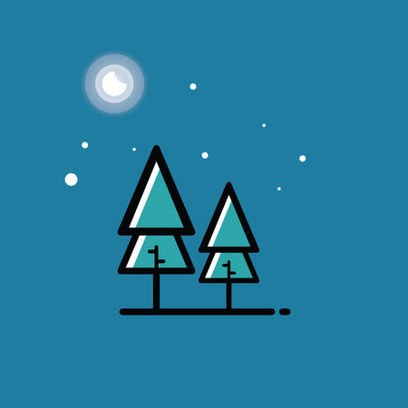 Green forest, tree icons on blue background with stars. Vector illustration.のイラスト素材