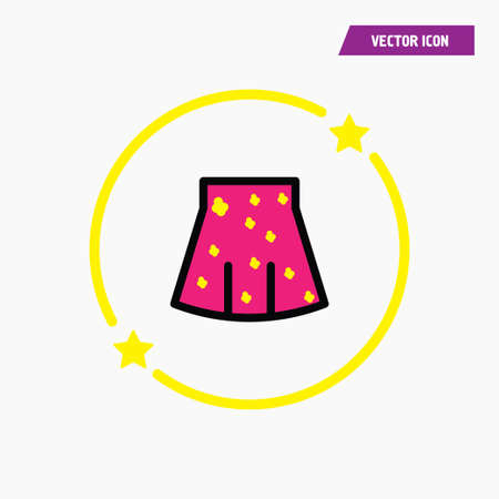 Pink girlish skirt icon with yellow flowers, stars on it. in yellow circle with stars. vector.のイラスト素材