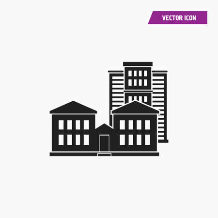 Black modern building with windows, square palace design and tower. On white background. vector.のイラスト素材