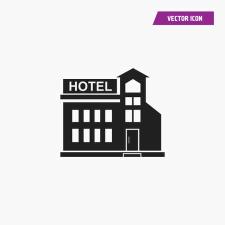 Black hotel building with windows, square design and tower. On white background. vector.のイラスト素材