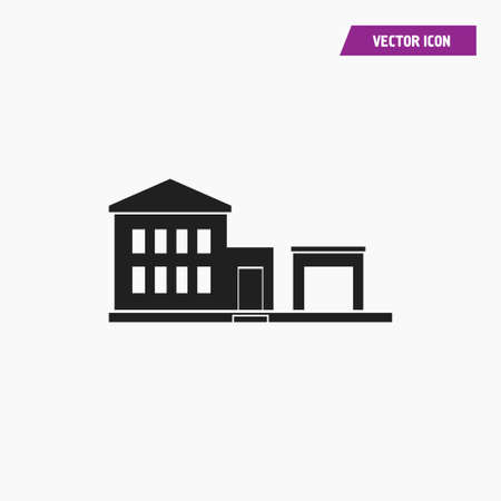 Black modern detached house, villa building with windows, square palace design and garage icon. On white background. vector.のイラスト素材