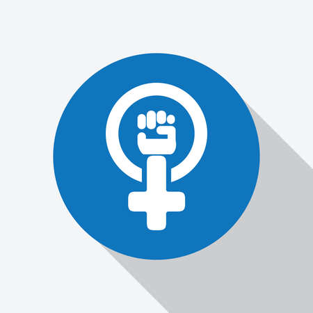 White Female Woman Feminism Protest Hand Icon in blue circle with shadow - Vectorのイラスト素材