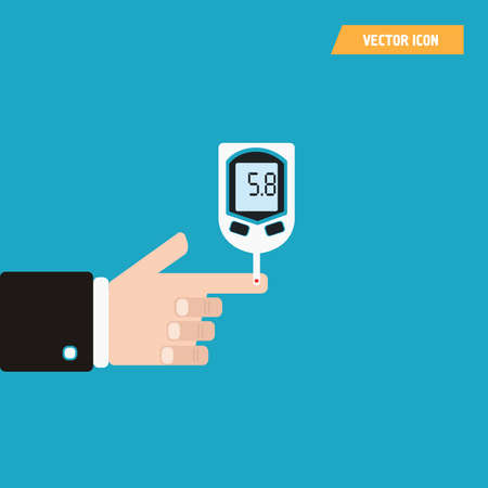 Diabetes concept, man holds in hand glucometer measures blood sugar level. Blood drop test strip. Medical diagnostics apparatus at home. Equipment monitoring health. - Vectorのイラスト素材