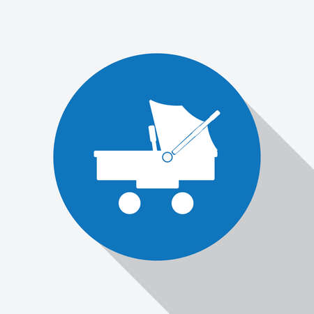 White baby stroller, carriage, buggy icon in blue circle with shadow. Vector illustration. - Vectorのイラスト素材
