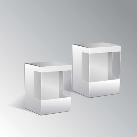 White Cardboard Gift Box Set Packaging For Food, Gift Or Other Products With Window. Illustration Isolated On grey Background. Mock Up Template. Product Packing Vector EPS10 - Vectorのイラスト素材