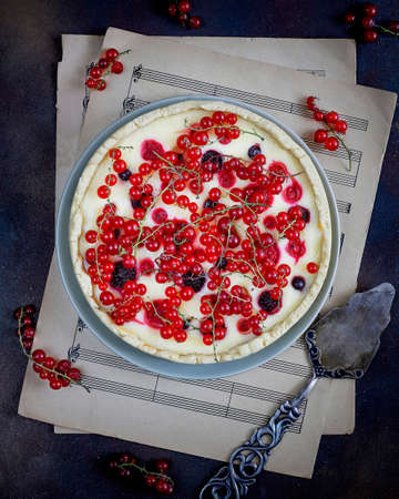 summer berry tart pie with ricotta?cottage cheese,red currant and golden raspberries on dark background,top viewの写真素材