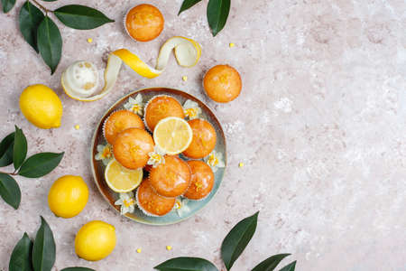 Delicious freshly baked homemade lemon muffins with lemons on a plate on light backgroundの写真素材
