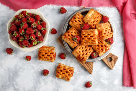 Sweet delicious raspberry cookies with ripe raspberries,top viewの写真素材
