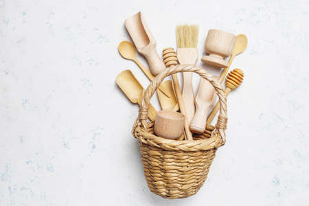 Set of wooden kitchen utensils on concrete background,top viewの写真素材