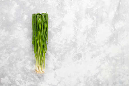 Fresh green onions in plastic box on grey concrete background,copy space,top viewの写真素材