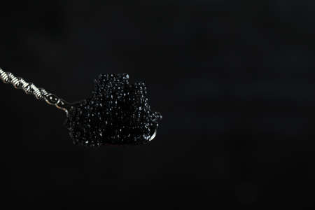 Black caviar in a metallic decorative spoon in dark backgroundの写真素材