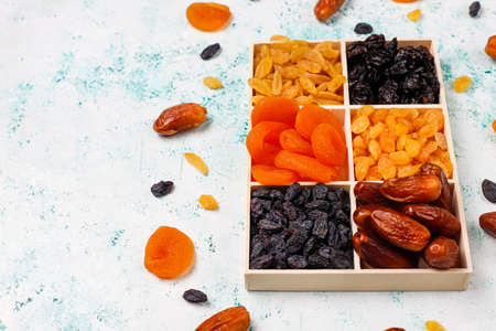 Various dried fruits,dates,plums,raisins,figs,top viewの写真素材