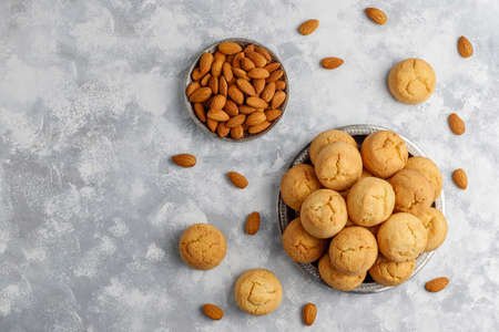 Healthy homemade almond cookies on concrete background,top viewの写真素材