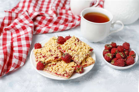 Homemade raspberry crumble bar on plate on light background
