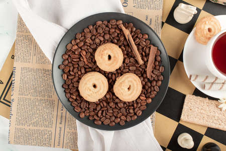 A cookie platter with coffee beans