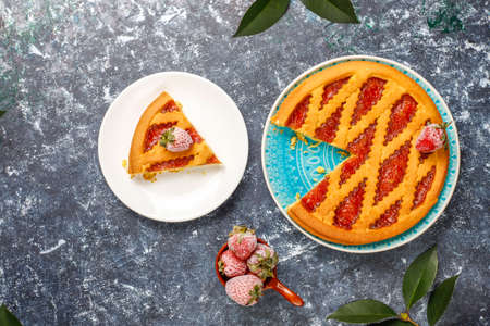 Baked strawberry jam pie cake sweet pastry top view