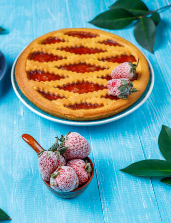 Baked strawberry jam pie cake sweet pastry top viewの写真素材