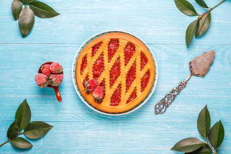 Baked strawberry jam pie cake sweet pastry top viewの写真素材