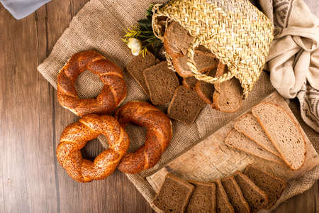 Slices of dark and white bread with tasty turkish bagels