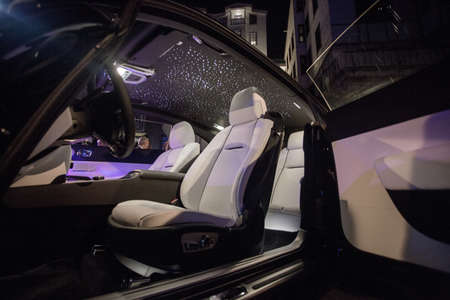 Silver interior and seats of a black carの写真素材
