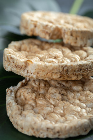 Yummy round crispbread on marble backgroundの写真素材