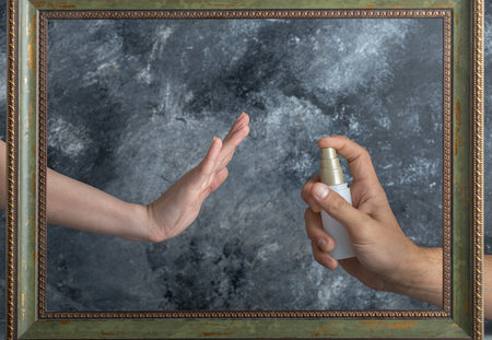 Male hand spraying ethanol to female in middle of frameの写真素材