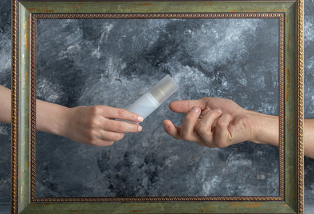 Female hand giving ethanol spray to male in middle of frame
