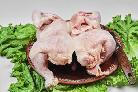 Raw whole chicken on ceramic plate with lettuce and knifeの写真素材