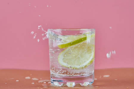 A glass of cold refreshing lemonade on pink backgroundの写真素材