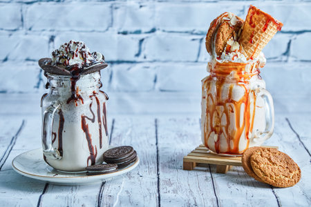 Oreo milkshake with Caramel ring freakshake in the gray backgroundの写真素材